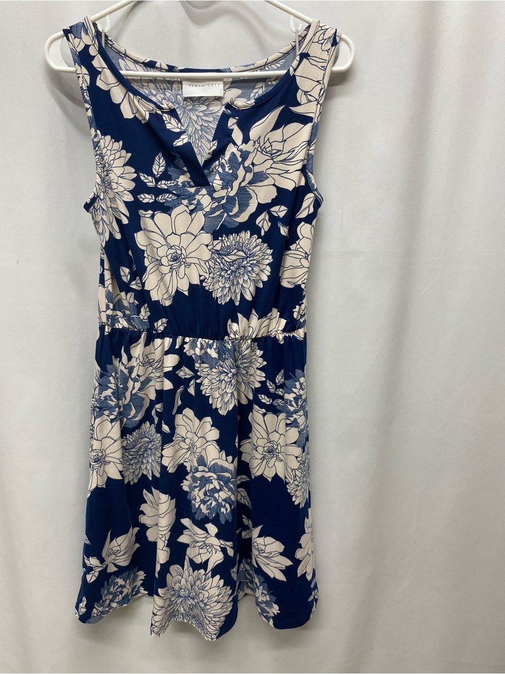 French grey dress size medium fit flare navy floral sleeveless boho cottagecore